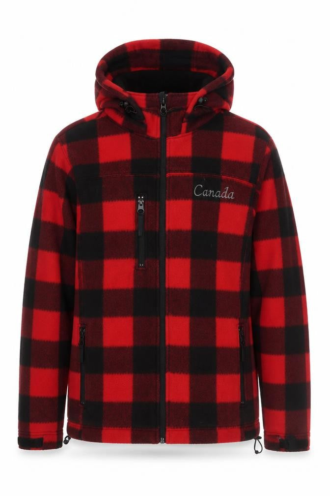 Souvenirs Northern Men's Red Black Check Hooded Fleece Jacket Size M