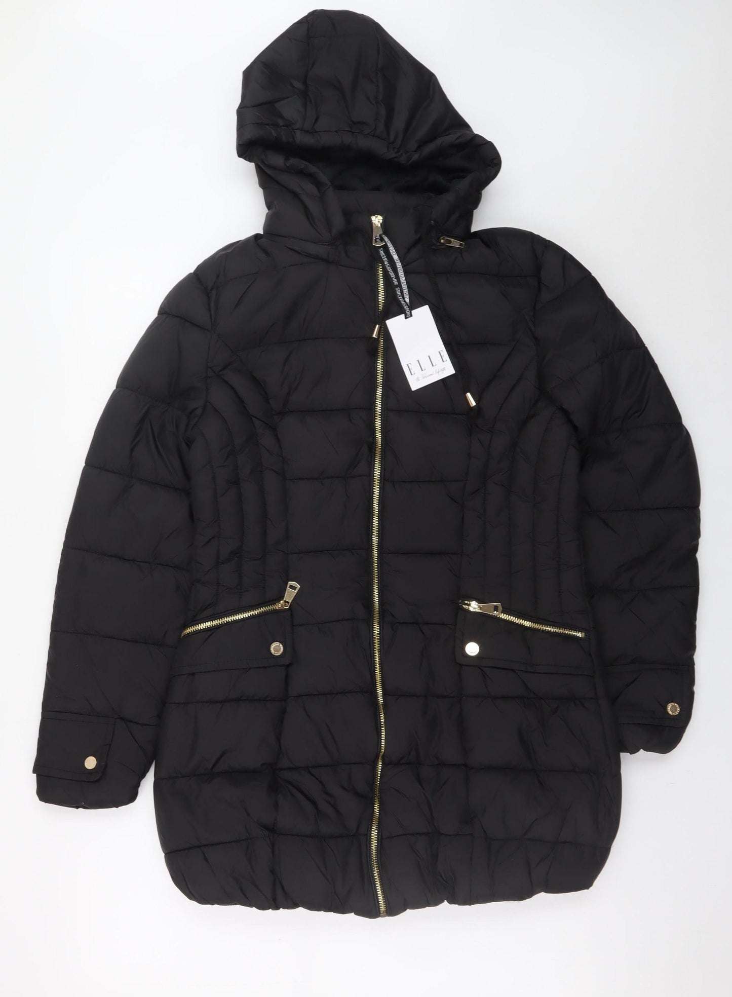 ELLE Women's Black Long Puffer Jacket Size 8 Hooded Winter Coat