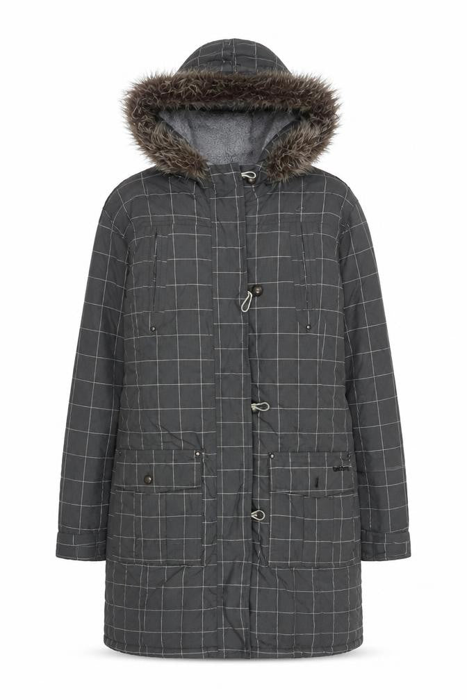 Billabong Womens Grey Checked Faux Fur Hooded Long Parka Coat L