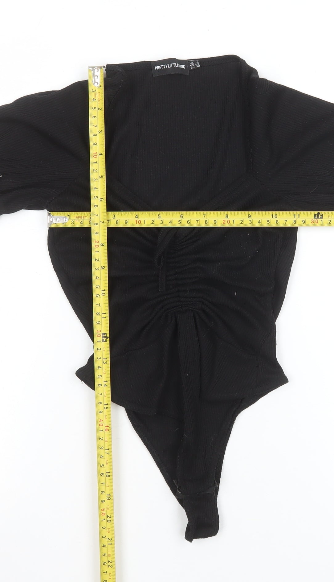 PrettyLittleThing Womens Black Bodysuit Size 4 Ruched Puff Sleeve