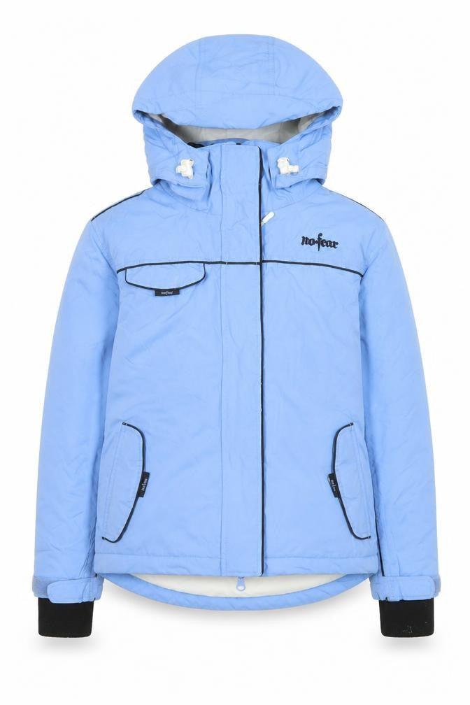Front view of No Fear girls’ blue waterproof breathable ski jacket 11-12 years winter hooded