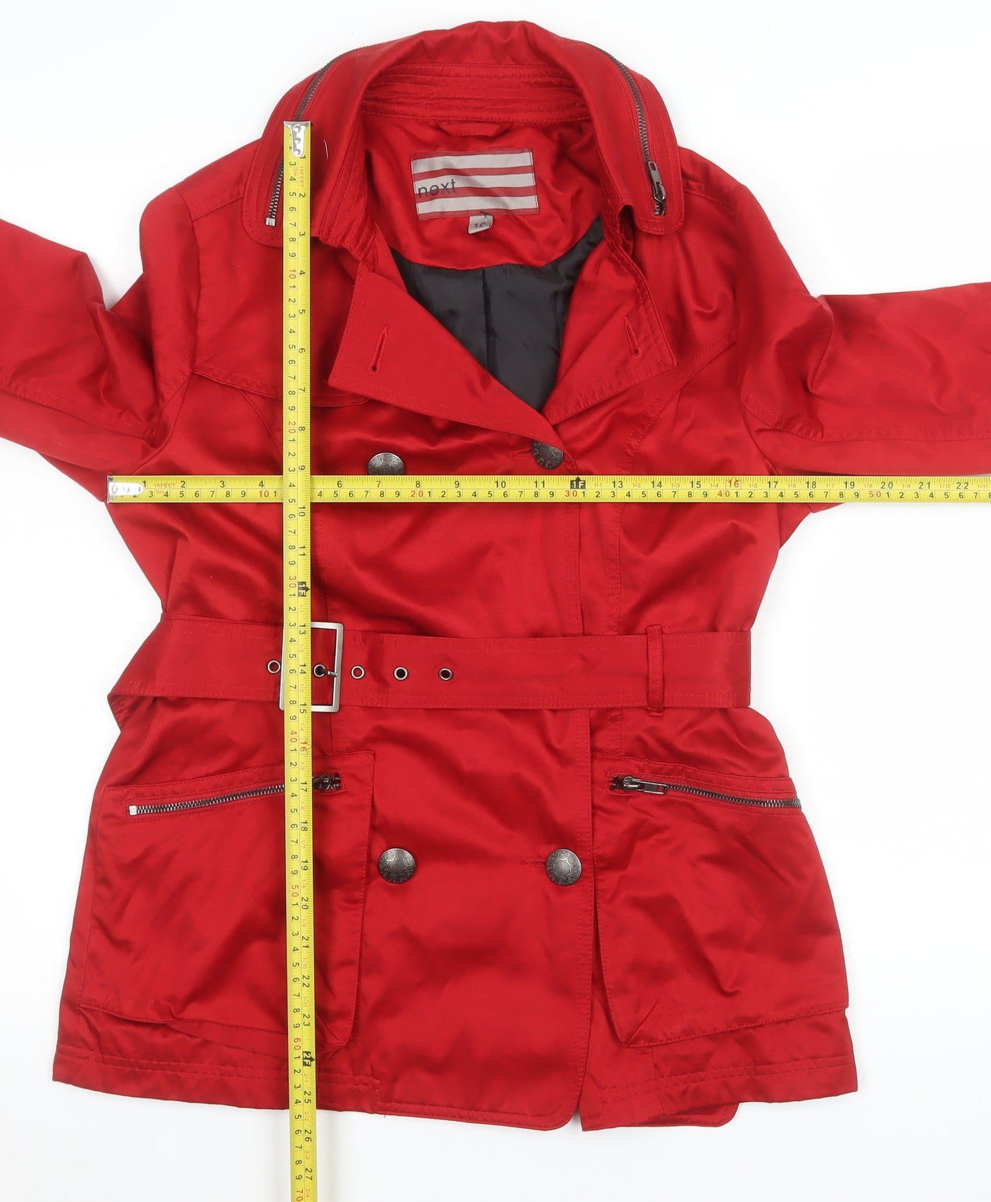Next Womens Red Belted Trench Coat Size 10 Classic Mid-Length