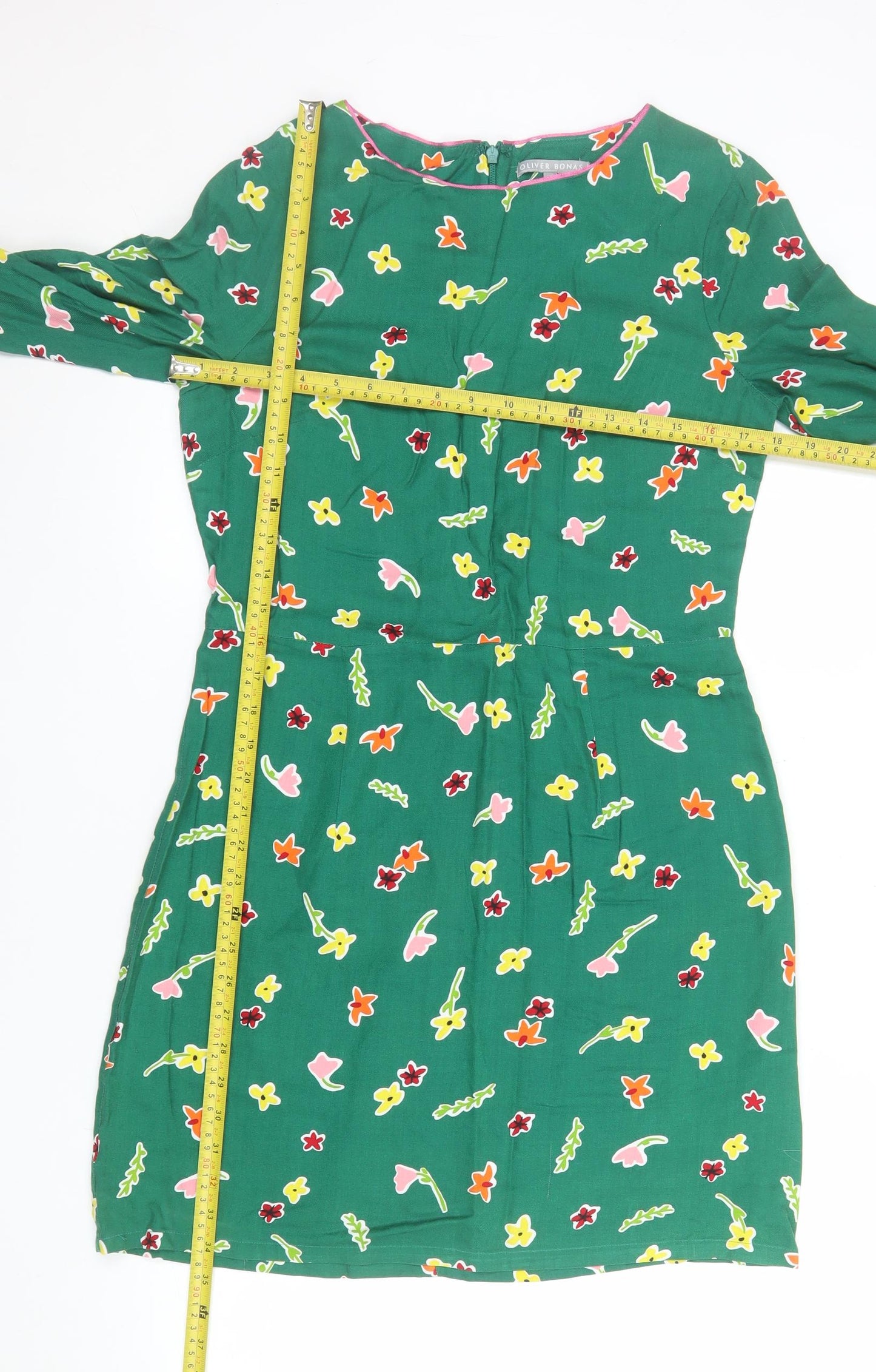 Oliver Bonas Women's Green Floral Viscose Shift Dress Size 10