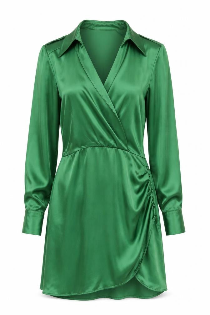 ZARA Women Green Satin Wrap Short Dress Long Sleeve Size S