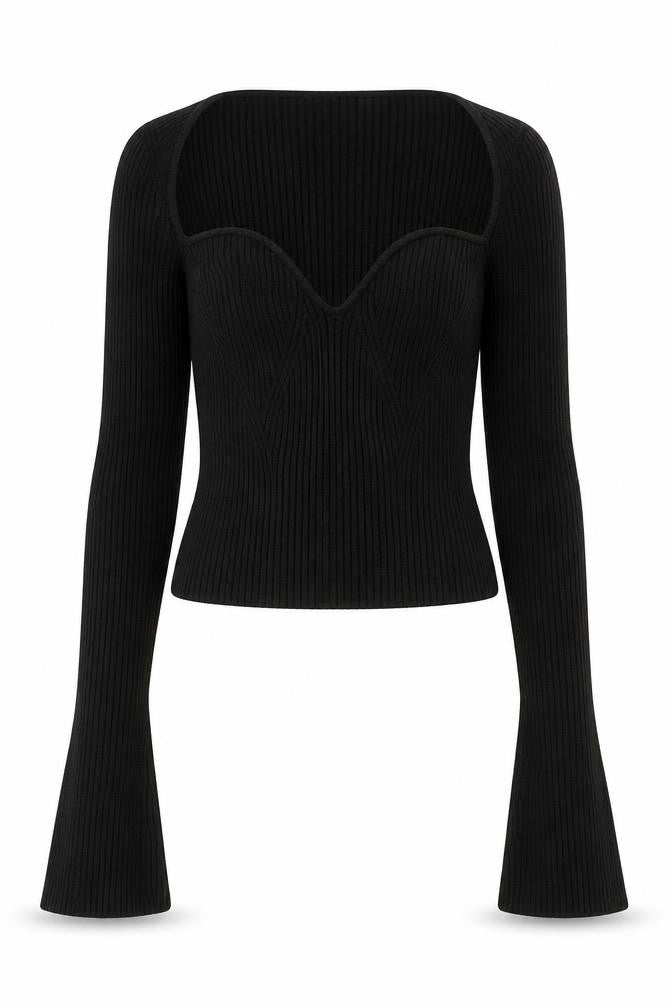 H&M Women’s Black Ribbed Cropped Sweetheart Long Sleeve Top Size S
