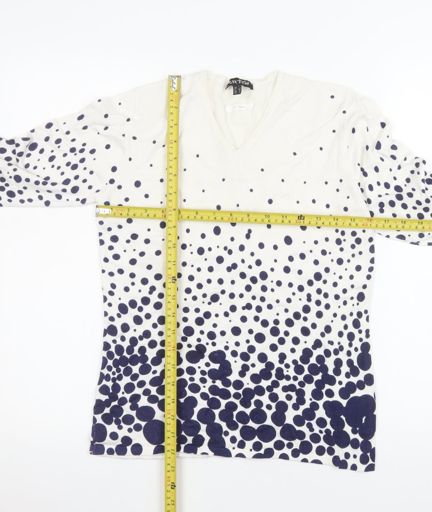 Marble Women White Polka Dot V-Neck Long Sleeve Pullover Jumper Size 10