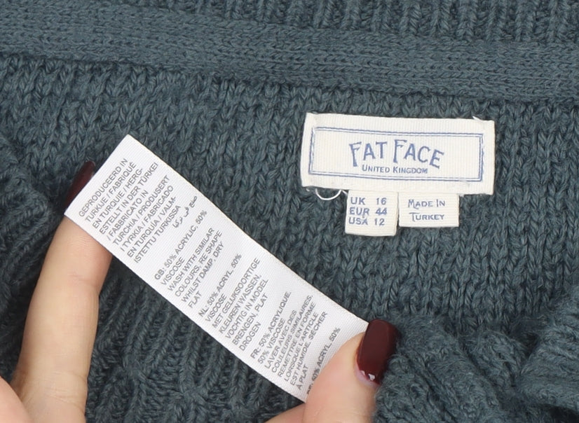 Fat Face Womens Green Cotton Blend Crew Neck Long Sleeve Jumper Size 16
