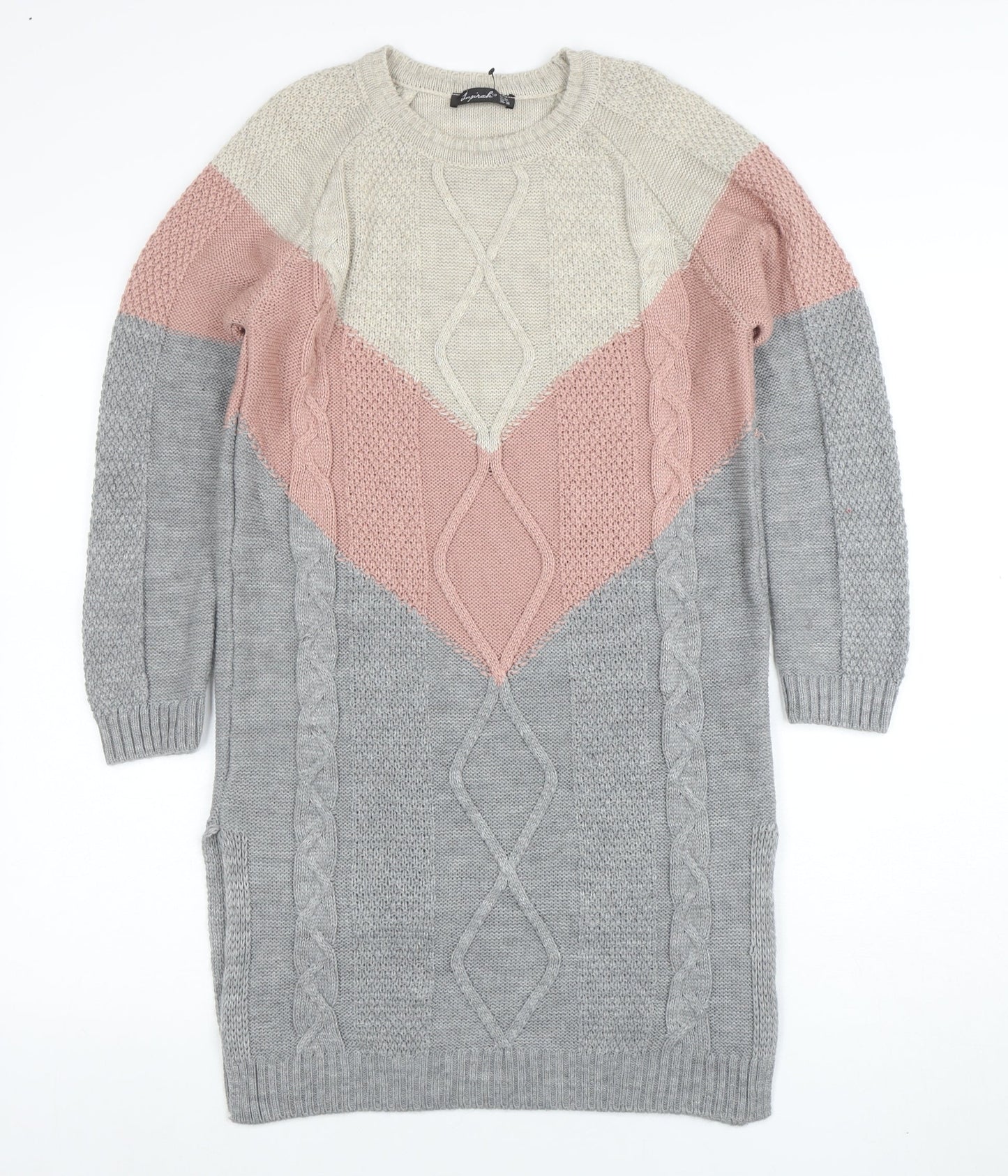 Insiarah Women's Grey Pink Colourblock Knit Jumper Dress Size S Long Sleeve
