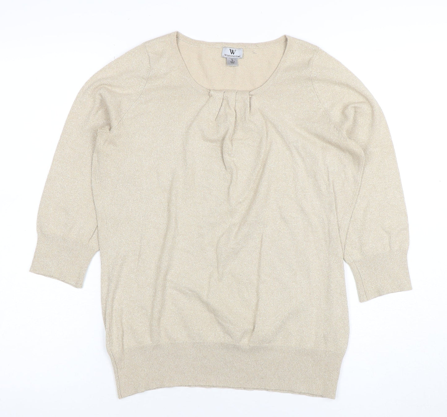 Worthington Women's Beige Knit 3/4 Sleeve Scoop Neck Blouse Size L