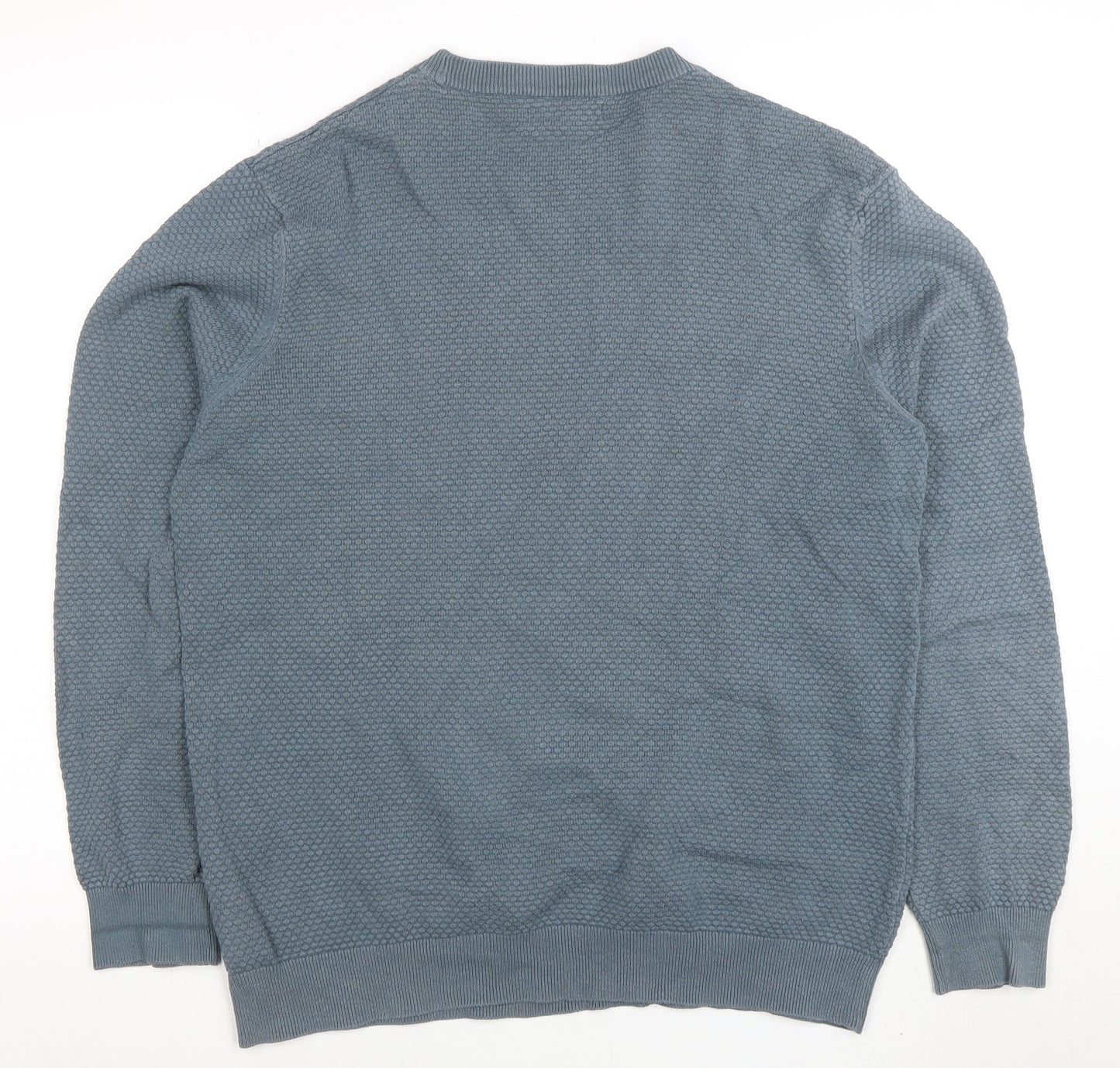 F&F Mens Blue Cotton Blend Textured Knit Crew Neck Jumper Size L