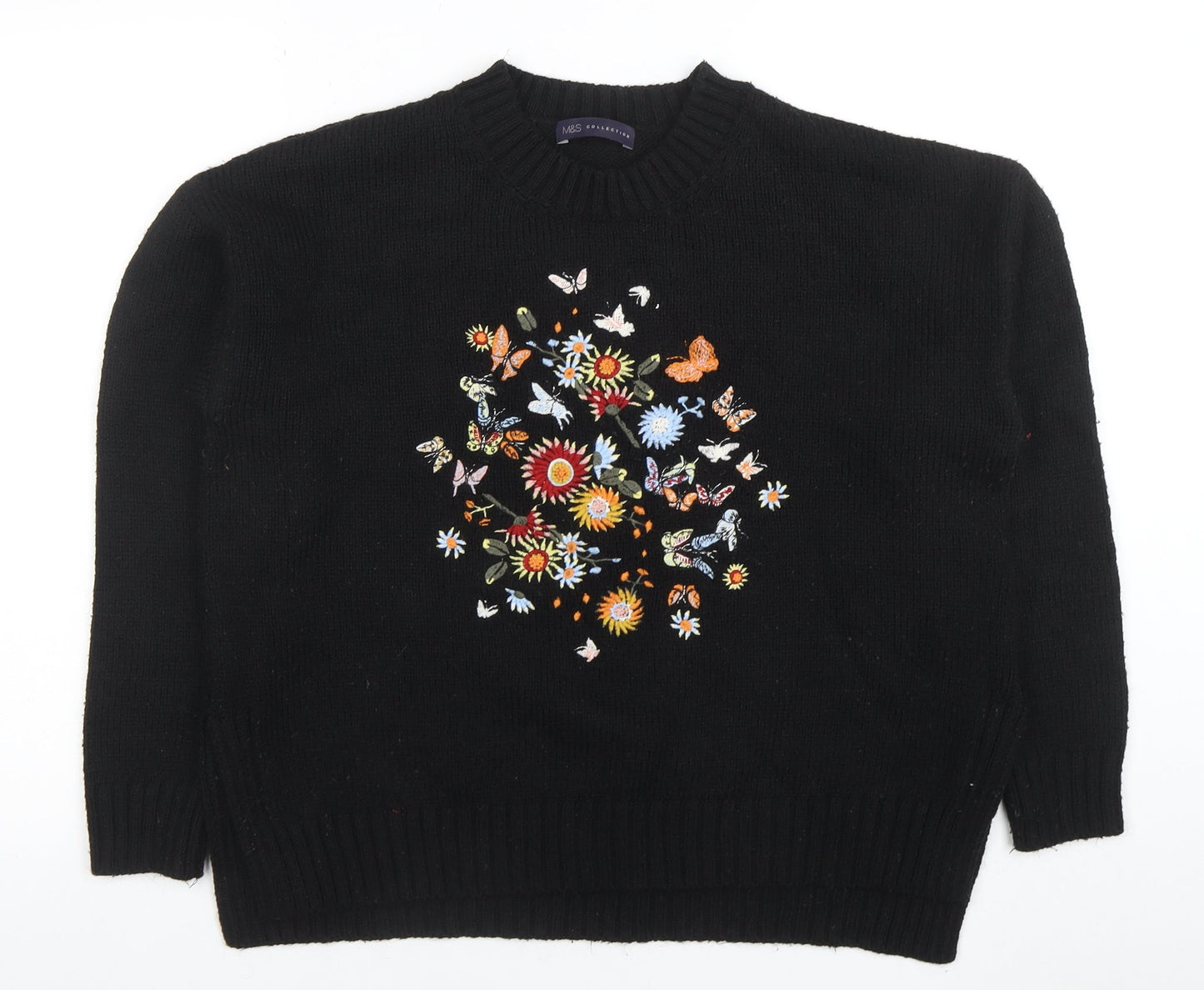 Marks and Spencer Women Black Floral Embroidered Pullover Jumper UK 16