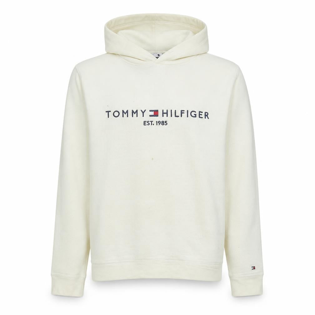 Tommy Hilfiger Men's White Pullover Hoodie L Logo Fleece Sweatshirt