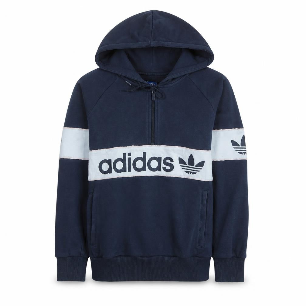 Front view of Adidas women’s navy blue 1/4 zip hoodie, size UK 10, cotton blend casual