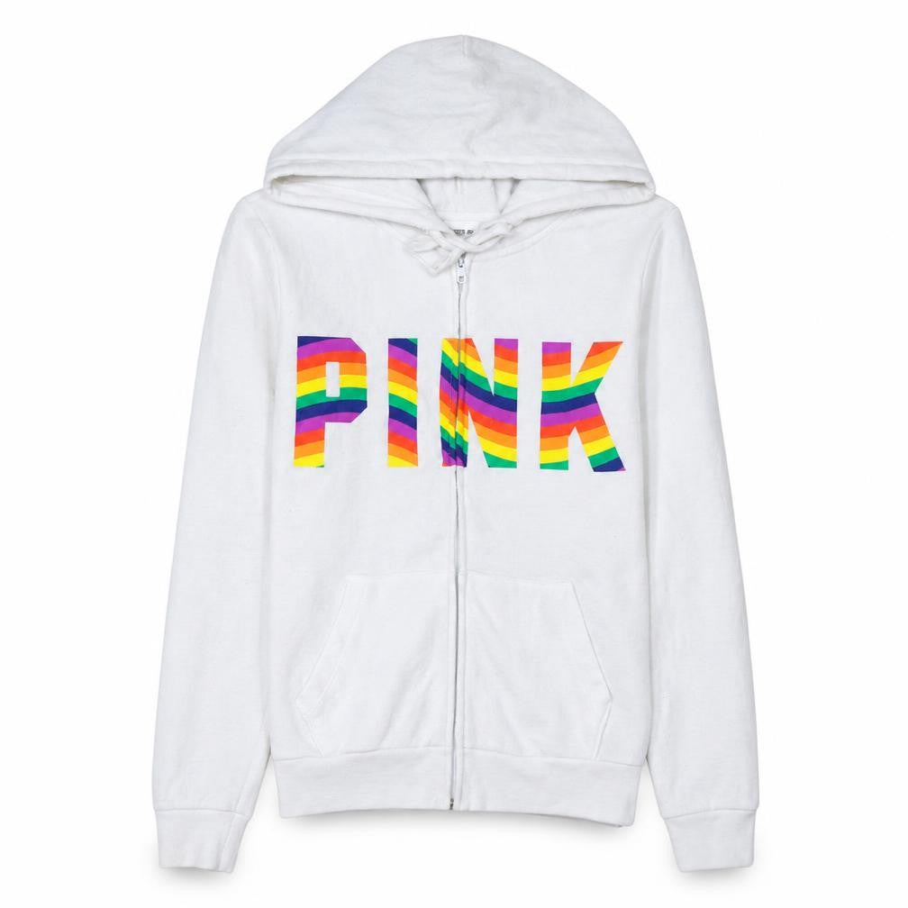 Victoria's Secret PINK Women White XS Full Zip Hoodie Rainbow Logo