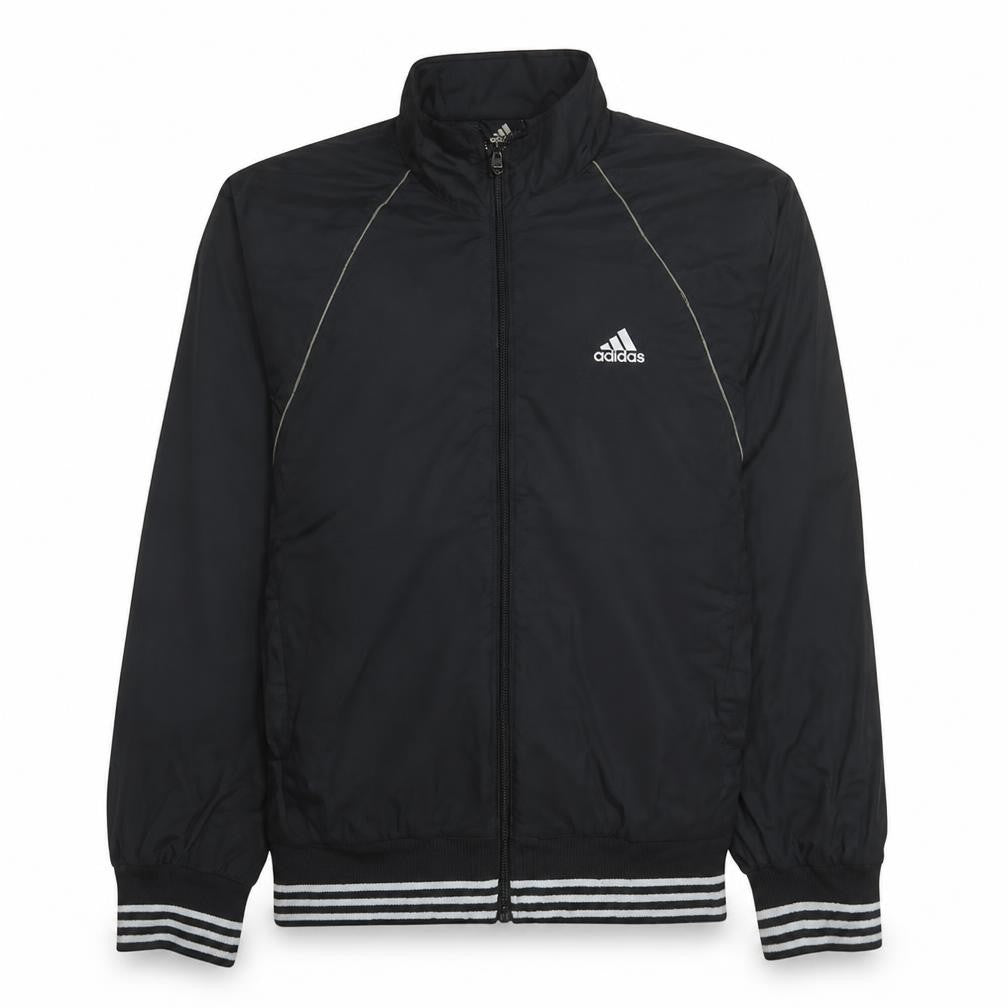 Front view of Adidas boys’ black track jacket l lightweight full zip sportswear