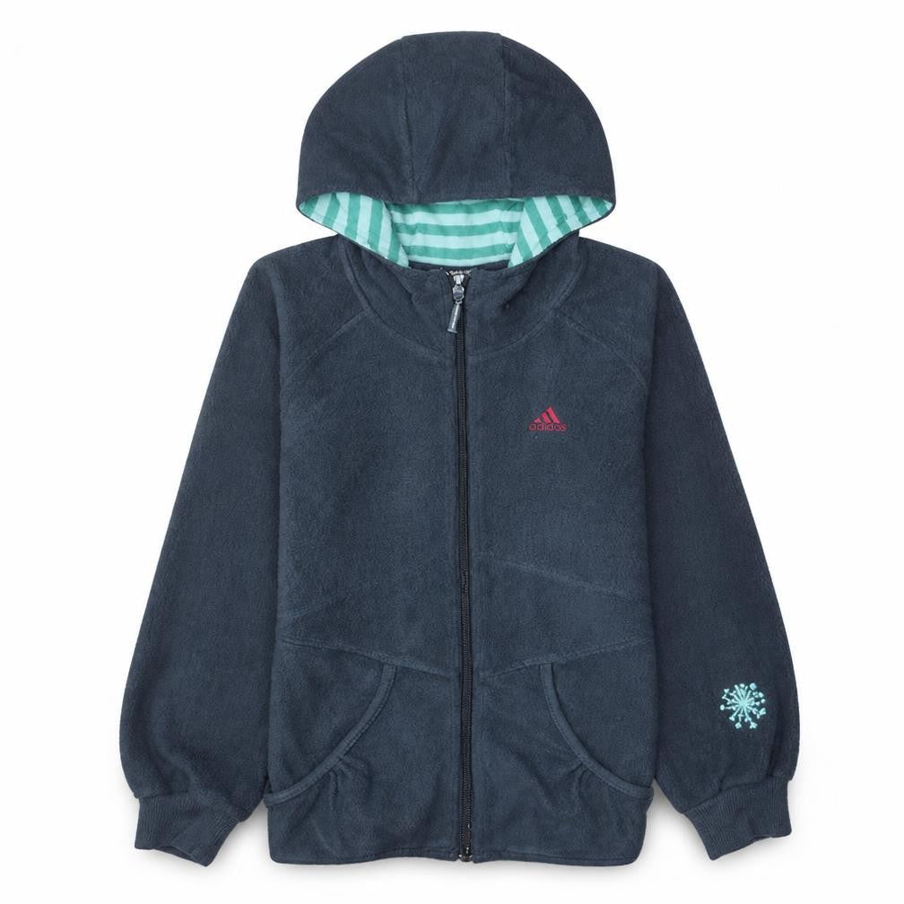 Front view of Adidas girls’ grey fleece hooded full zip jacket 7-8 years climawarm
