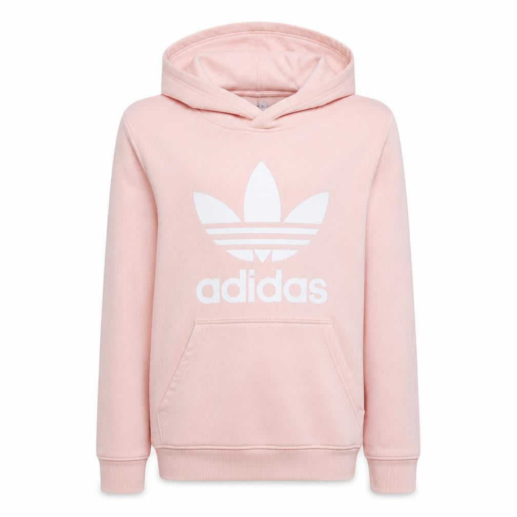 Front view of Adidas girls’ pink pullover hoodie 14-15 years classic logo cotton blend