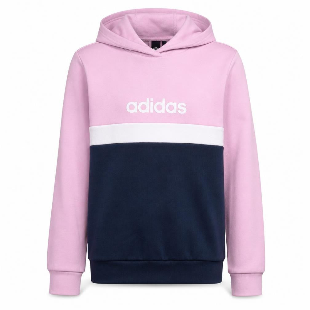 Front view of Adidas girls’ pink colourblock logo pullover hoodie, size 14, years
