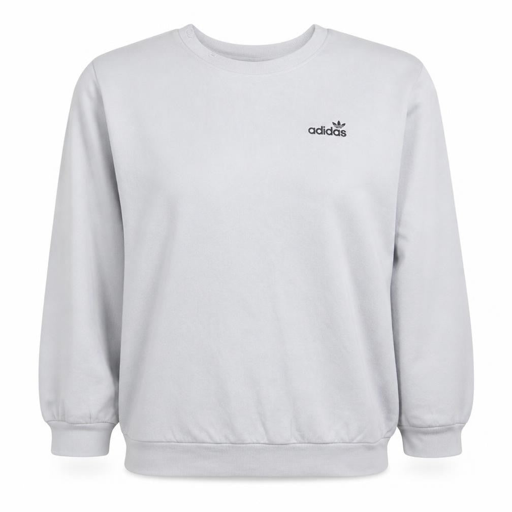 Front view of Adidas women’s white crew neck pullover sweatshirt, size UK 8