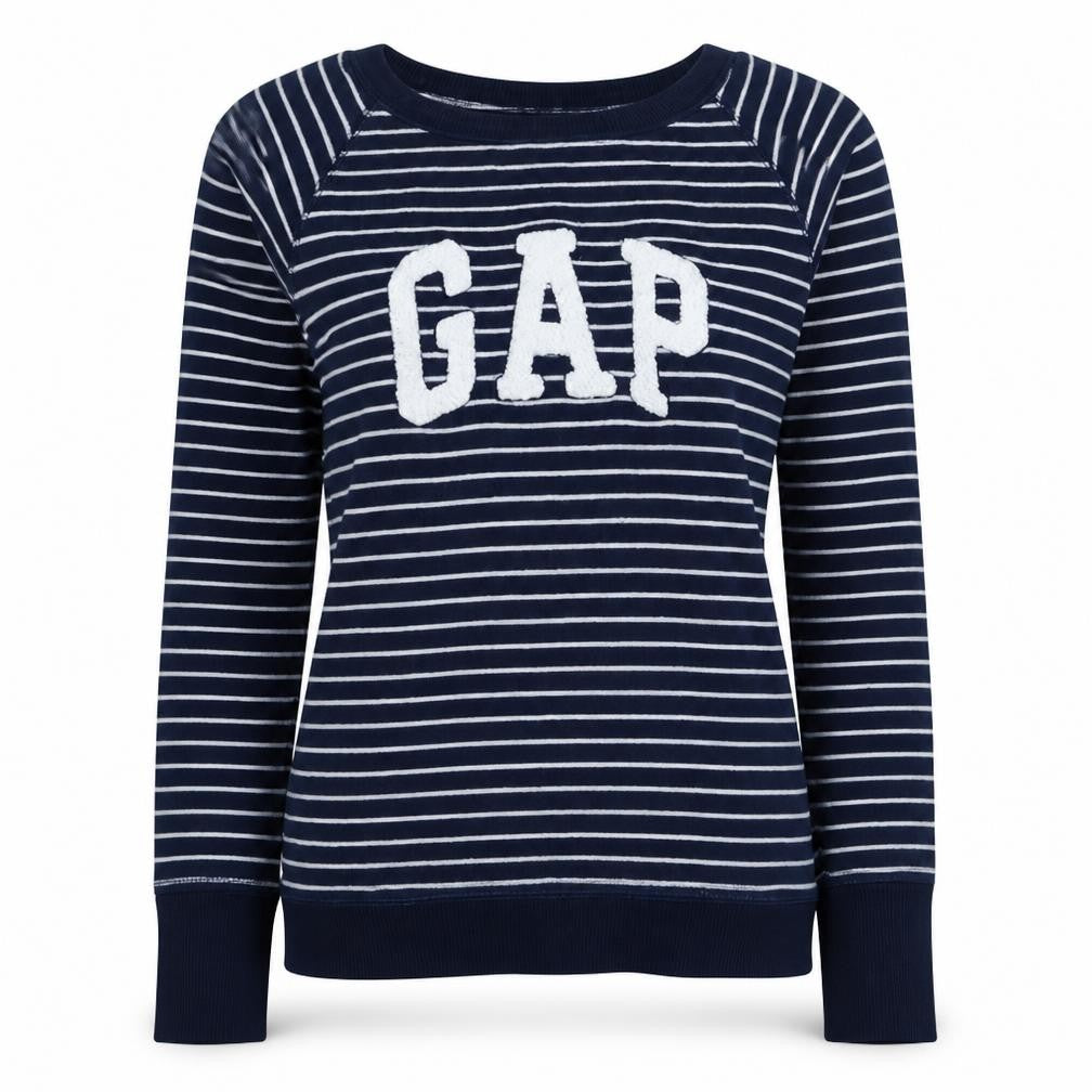 Gap Women's Navy Striped Logo Pullover Sweatshirt XS Cotton Blend