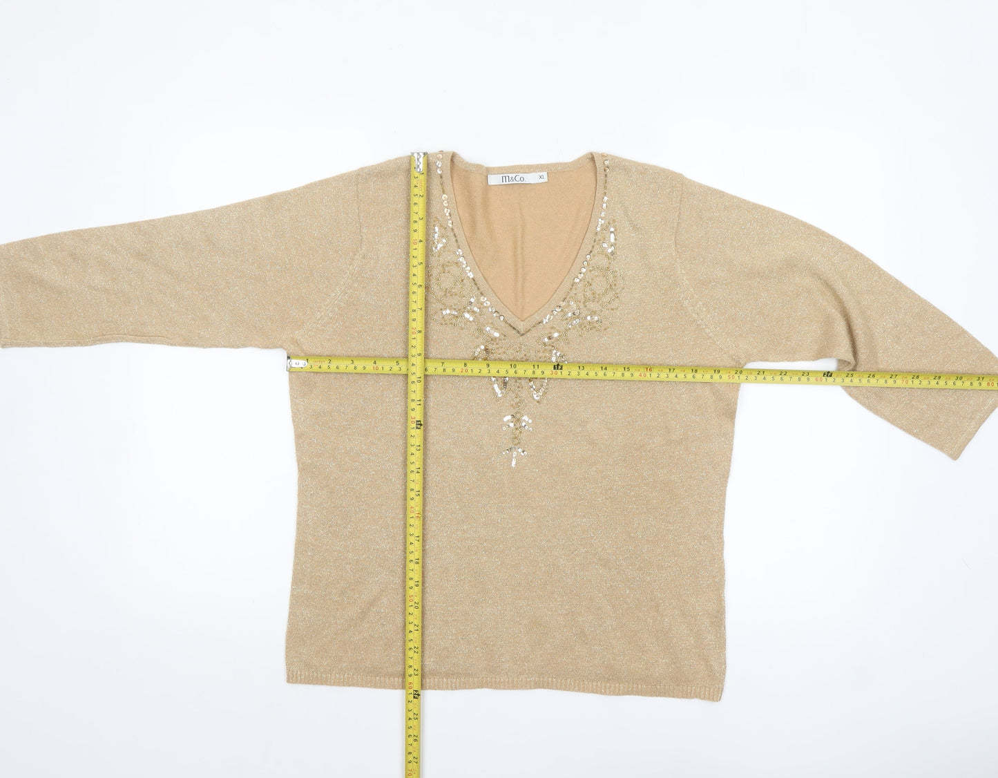 M&Co Women's Beige Sequin V-Neck 3/4 Sleeve Pullover Jumper XL