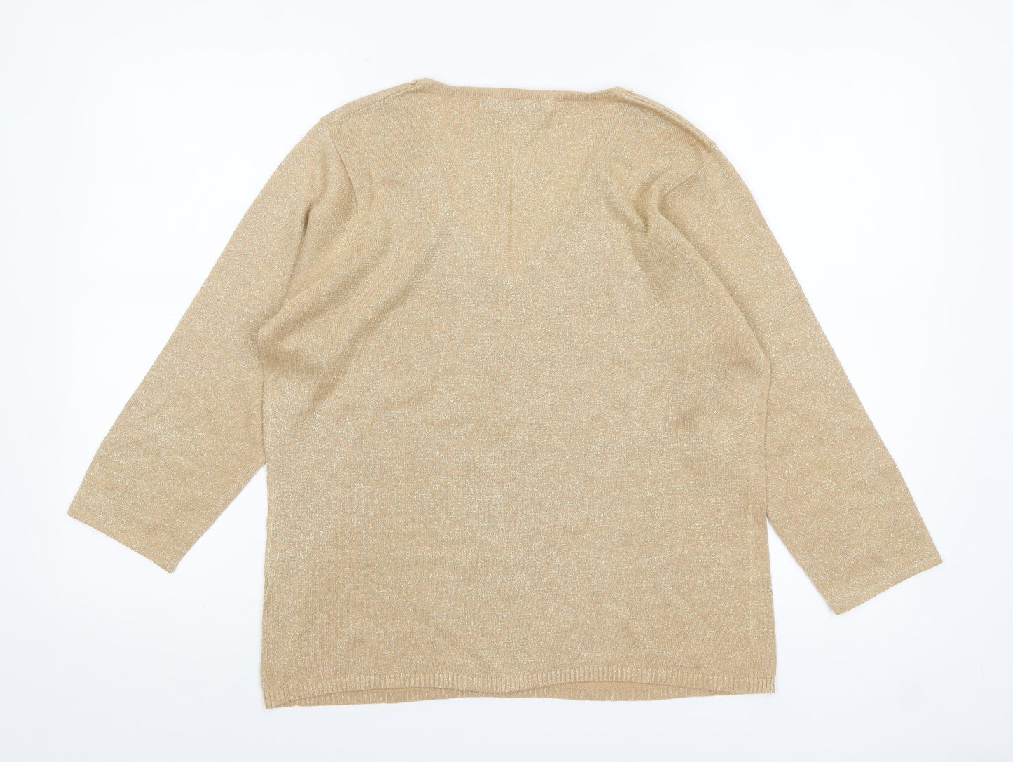 M&Co Women's Beige Sequin V-Neck 3/4 Sleeve Pullover Jumper XL