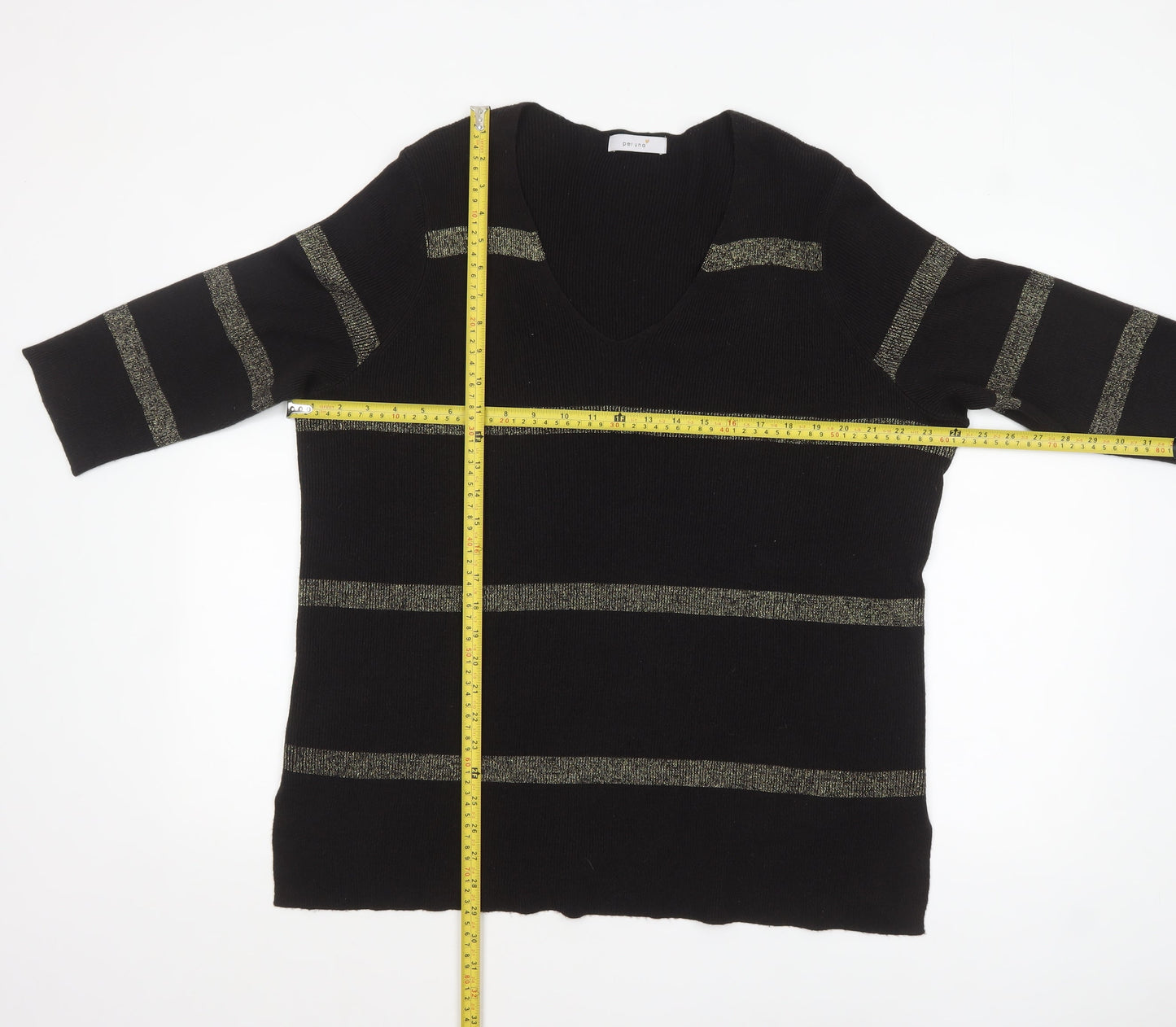Marks and Spencer Womens Black Metallic Stripe V-Neck Jumper Size 18