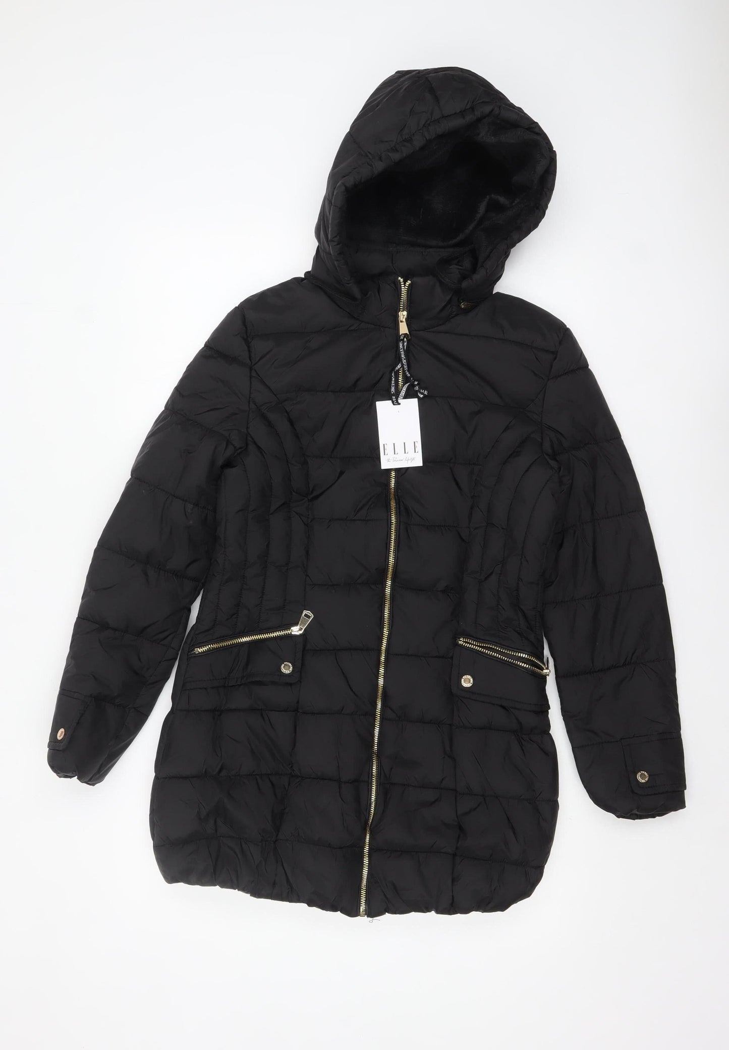 ELLE Women's Black Hooded Puffer Jacket Size 8 Mid-Length