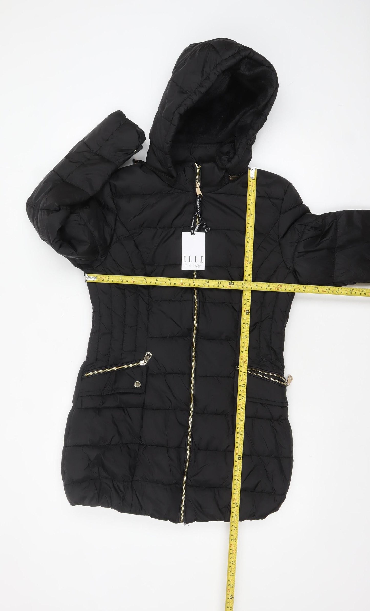ELLE Women's Black Hooded Puffer Jacket Size 8 Mid-Length