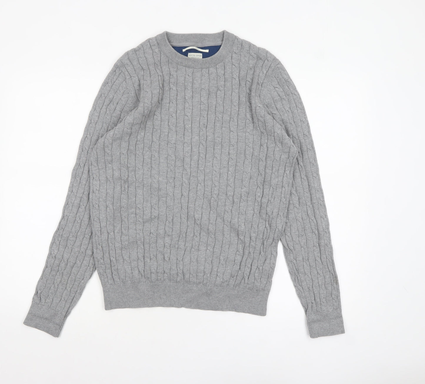 Racing Green Men’s Grey Cable-Knit Cotton Crew Neck Jumper M