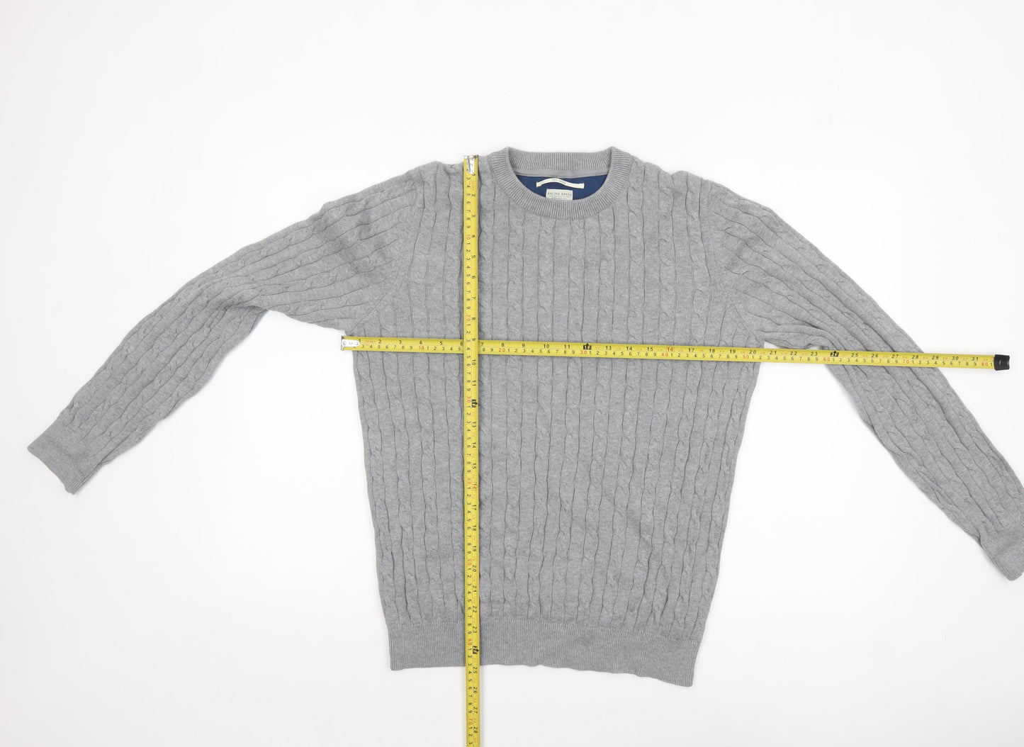 Racing Green Men’s Grey Cable-Knit Cotton Crew Neck Jumper M