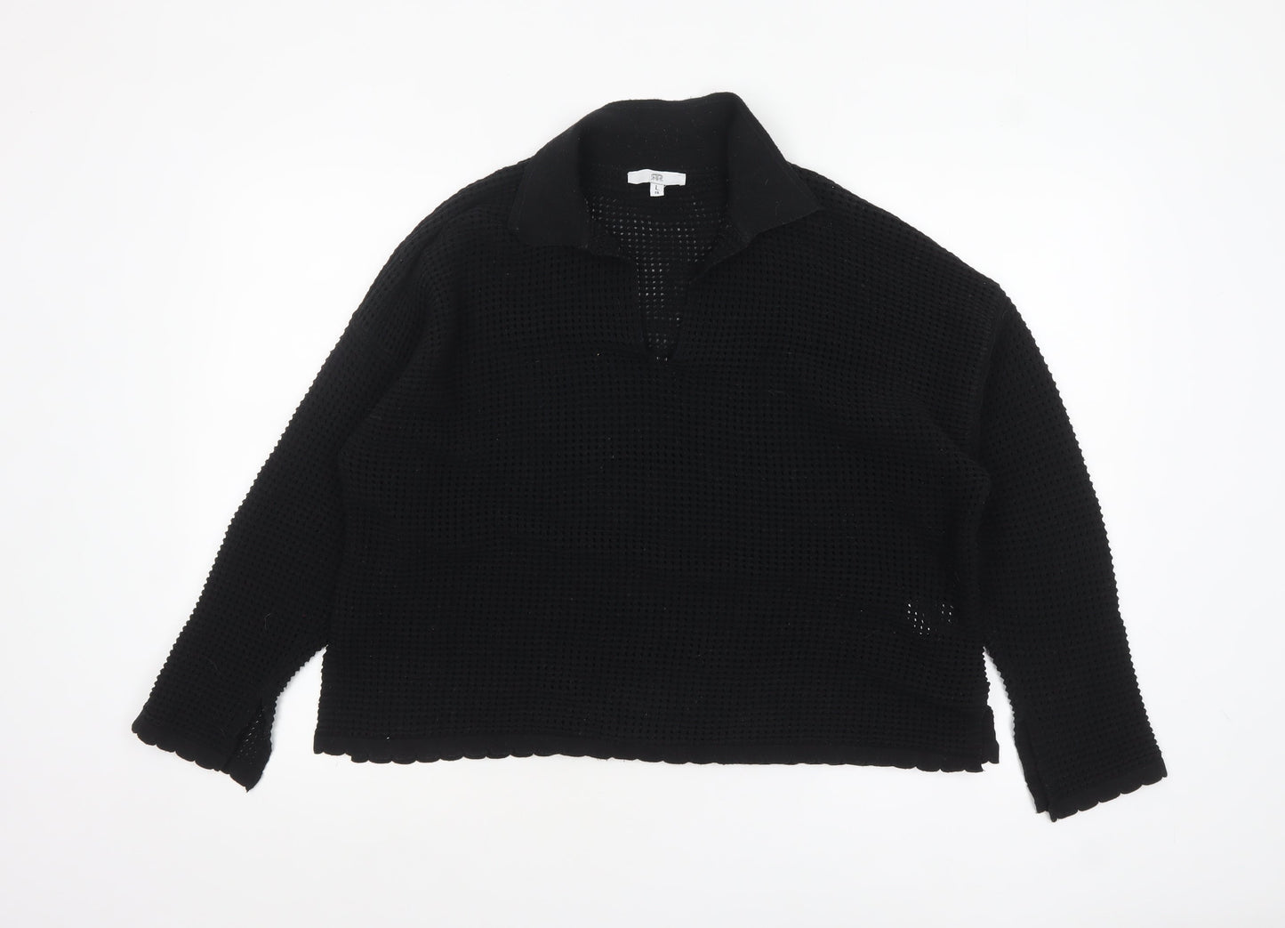 RR Women’s Black Collared Open-Knit Cotton Blend Pullover Jumper Size M