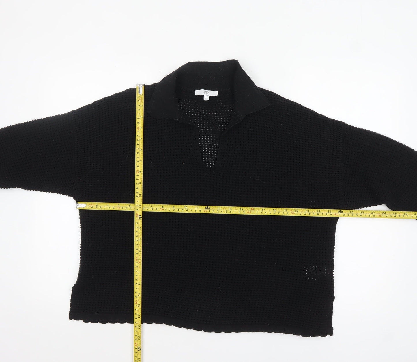 RR Women’s Black Collared Open-Knit Cotton Blend Pullover Jumper Size M