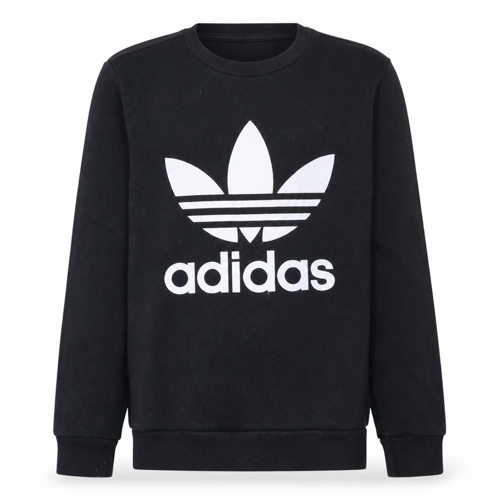 Front view of Adidas boys’ black 13-14 years pullover sweatshirt with trefoil logo