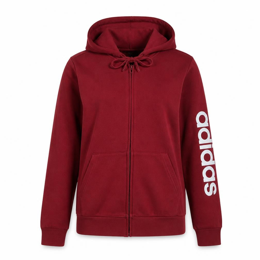 Front view of Adidas Women’s Red Full Zip Hoodie L Logo Print Drawstring Cotton Blend