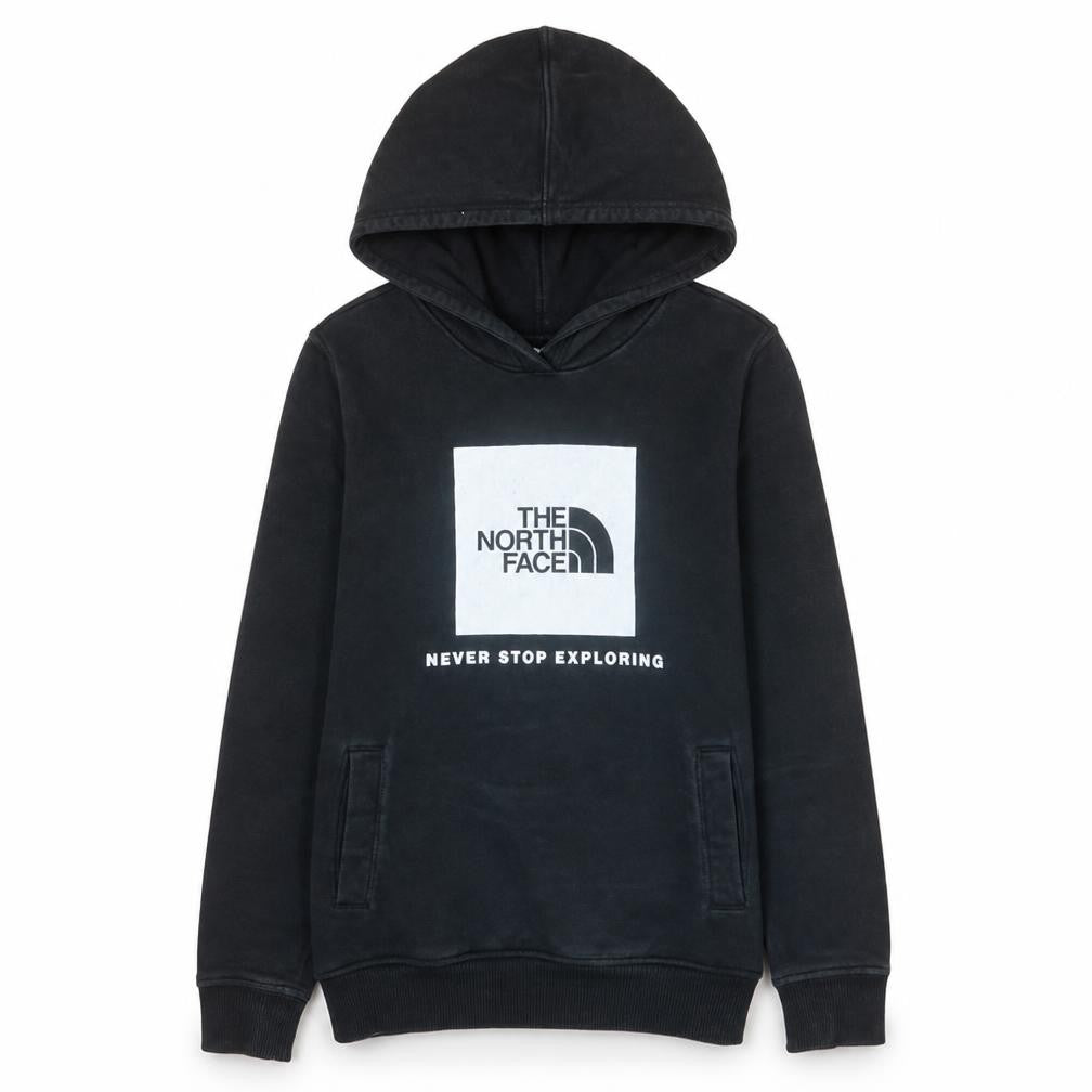 Front view of The North Face boys’ black pullover hoodie l cotton fleece logo sweatshirt