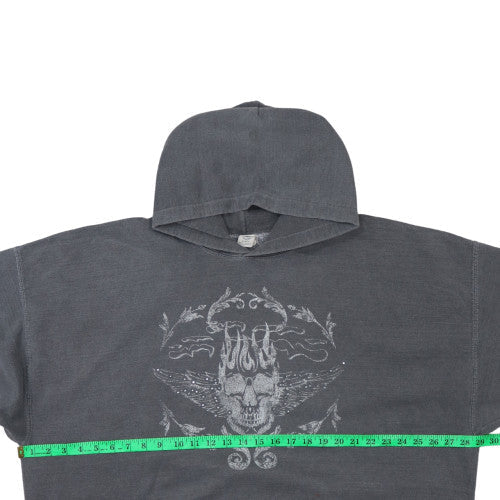 Men’s Grey Skull Graphic Pullover Hoodie Size M Fleece Gothic Style