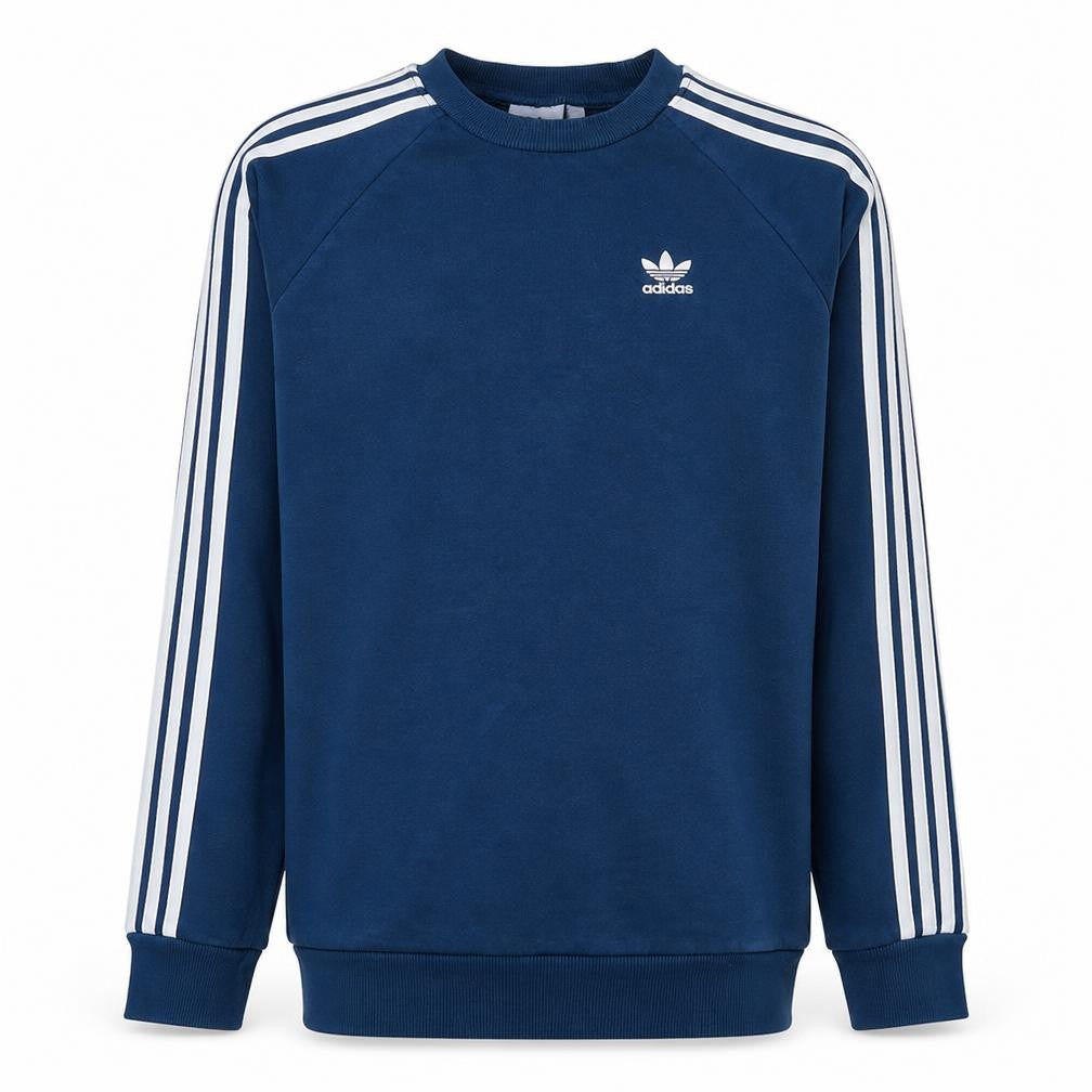 Front view of Adidas Men Blue XS Pullover Sweatshirt with Logo Stripes