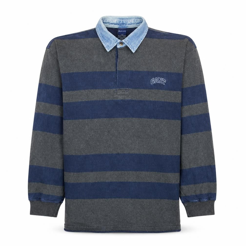 GANT Men's Blue Striped Collared Pullover Sweatshirt L
