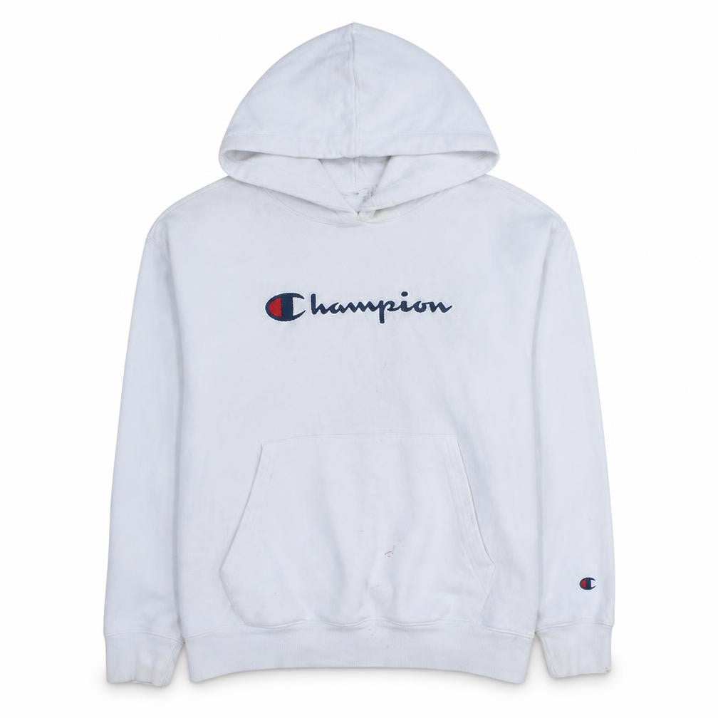 Champion Men's White Pullover Hoodie Medium Graphic Logo Sportswear
