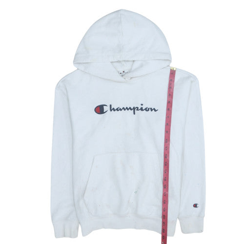 Champion Mens White Pullover Hoodie Medium Logo Sports Fleece