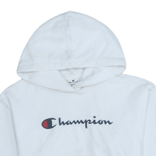 Champion Mens White Pullover Hoodie Medium Logo Sports Fleece