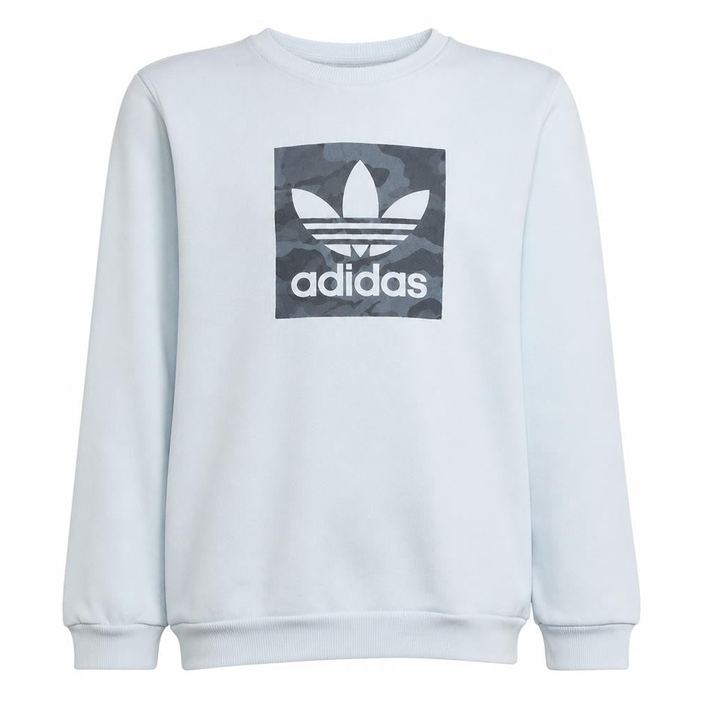 Front view of Adidas boys’ white crew neck sweatshirt xl 15-16 years logo print