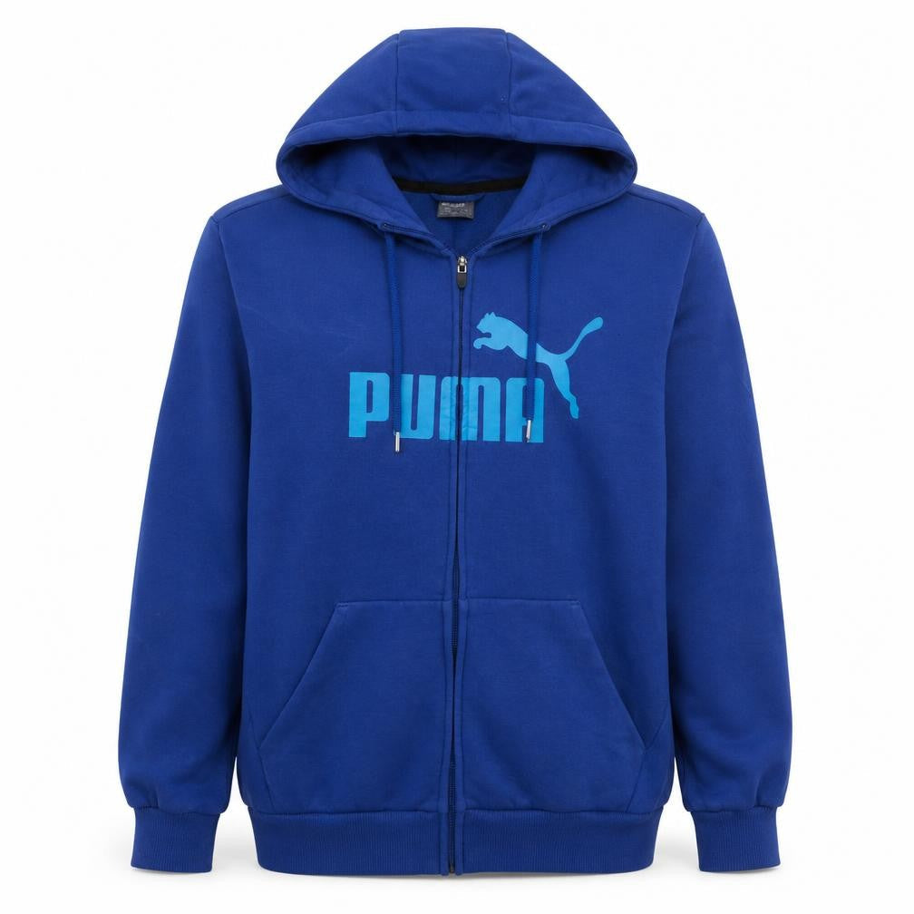 Front view of Puma Men's Blue Full Zip Hoodie M Sports Fleece Sweatshirt