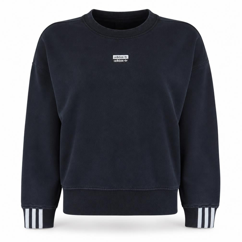 Front view of Adidas women’s black crew neck long sleeve sweatshirt, size UK 8