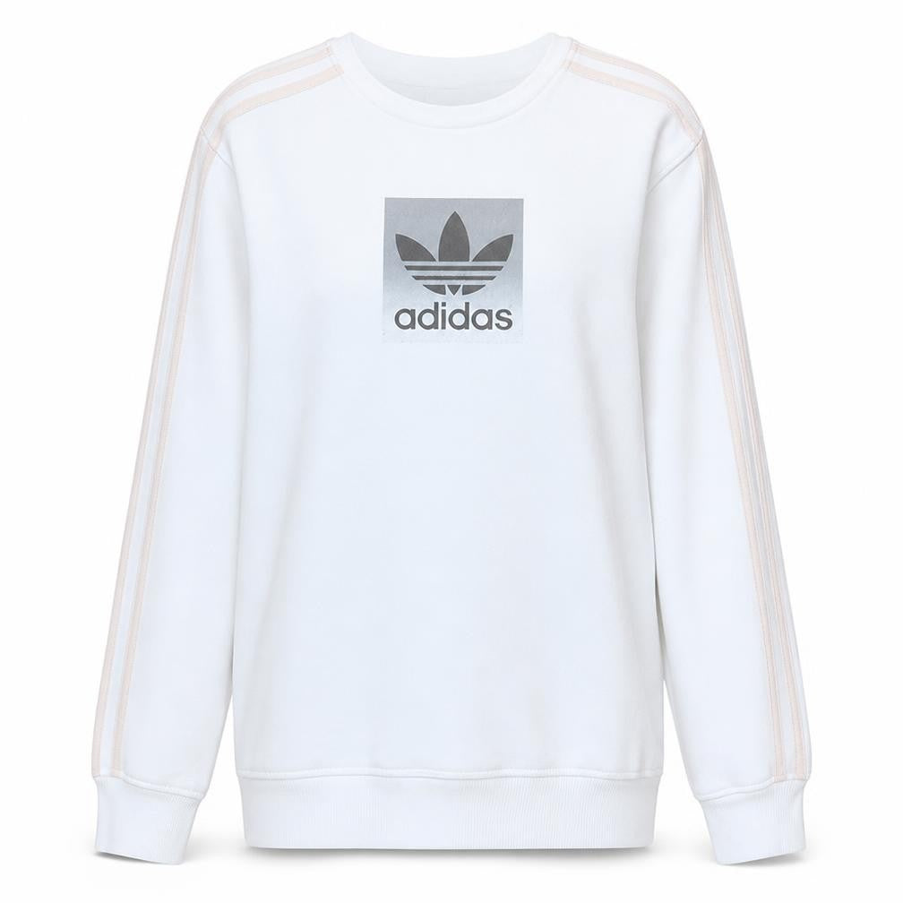 Front view of Adidas girls’ white xl pullover sweatshirt with logo print and striped sleeves