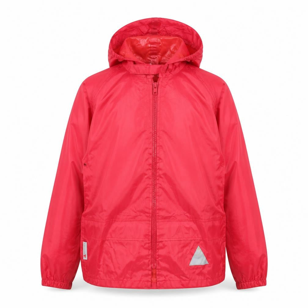 Front view of Result girls’ red hooded windbreaker jacket 7-8 years water resistant