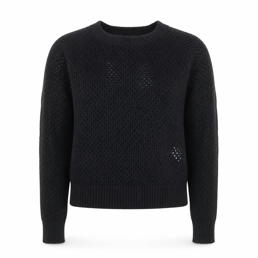 Idano Womens Black Open-Knit Cotton Merino Crew Neck Jumper S