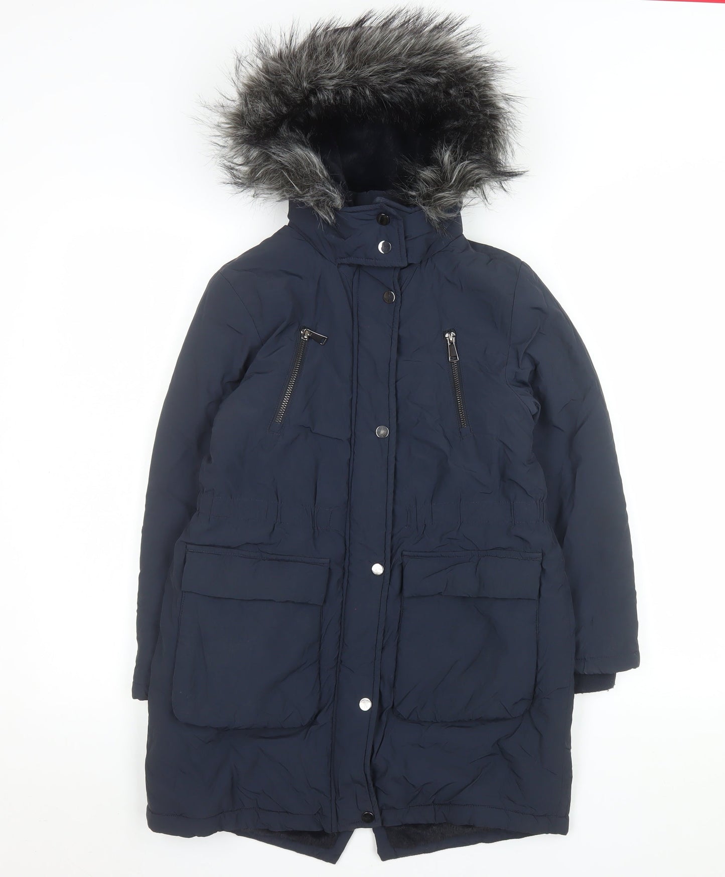 Next Girls Blue Faux Fur Hooded Long Parka Coat 9 Years Winter Jacket