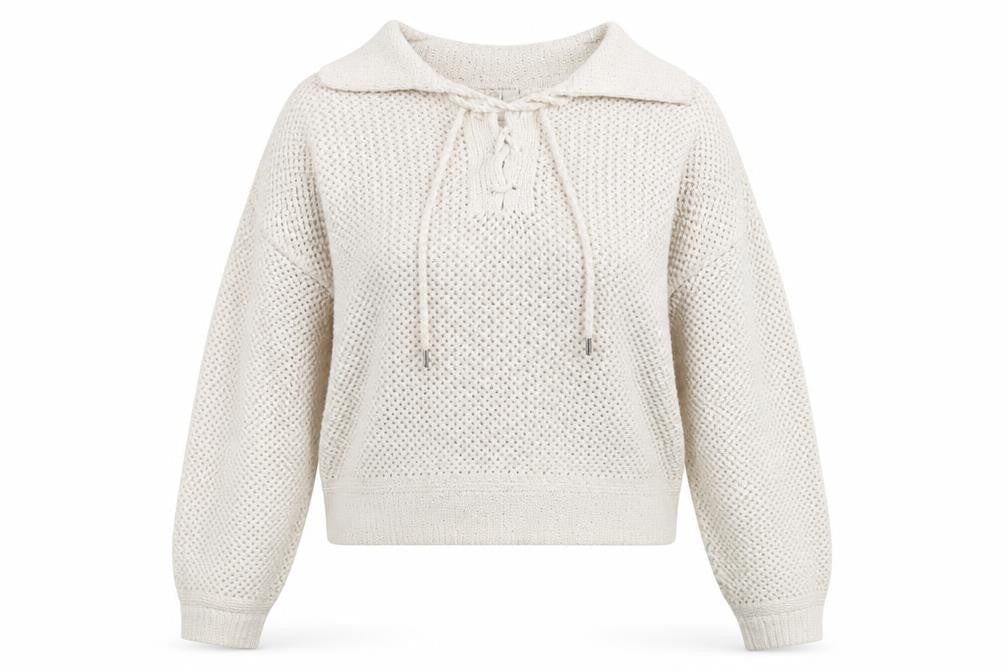 Joie Women's Ivory Open-Knit Sequin Collared Pullover Jumper Size L